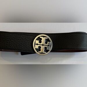 Tory Burch Reversible Leather Belt Black Brown Gold Logo Buckle L